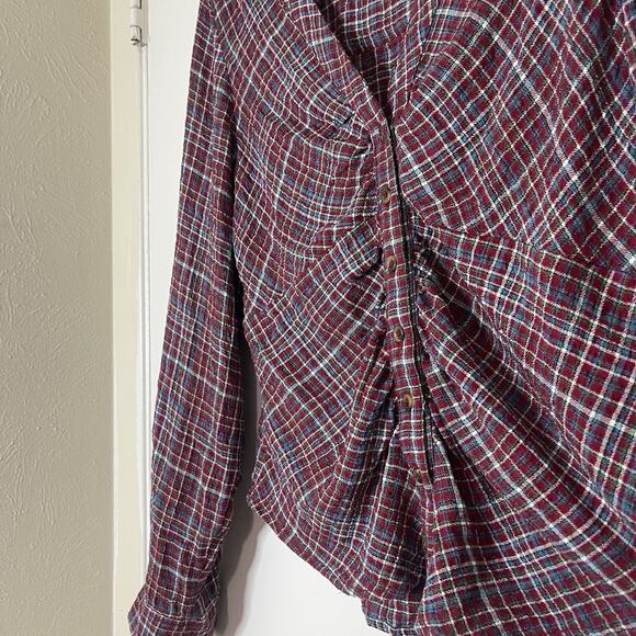 ANTHROPOLOGIE Pilcro Red plaid collared ruched button down long sleeve shirt SML - Picture 4 of 7